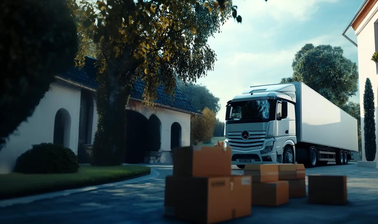 Hero-Bild des Umzugsunternehmens Lauer Umzüge. Bild zeigt einen Umzugswagen und einige Umzugskartons die in einem Hof stehen.
